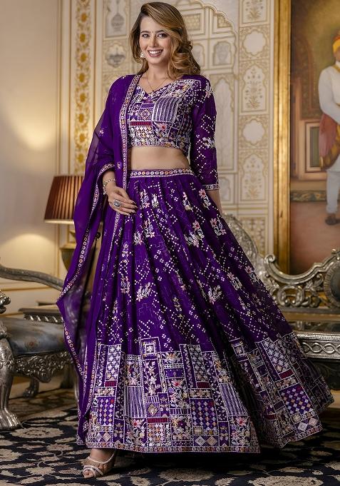 Purple Embroidery Sequence Georgette Lehenga Set