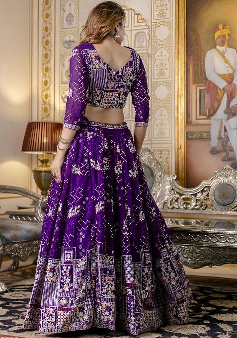 Purple Embroidery Sequence Georgette Lehenga Set
