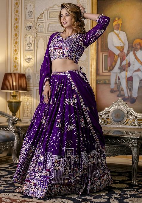 Purple Embroidery Sequence Georgette Lehenga Set