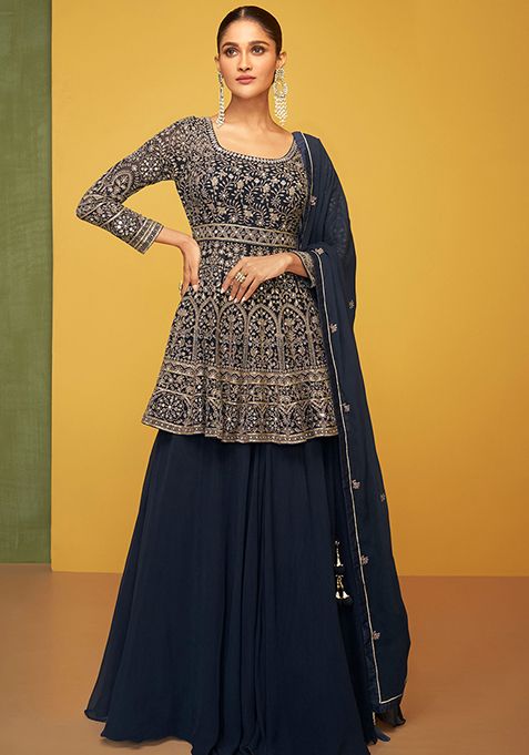 Blue Embroidered Georgette Lehenga Set