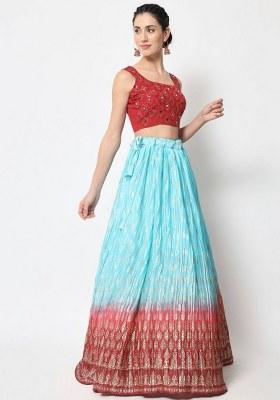 Sky Blue Embroidered Silk Lehenga Set With Dupatta