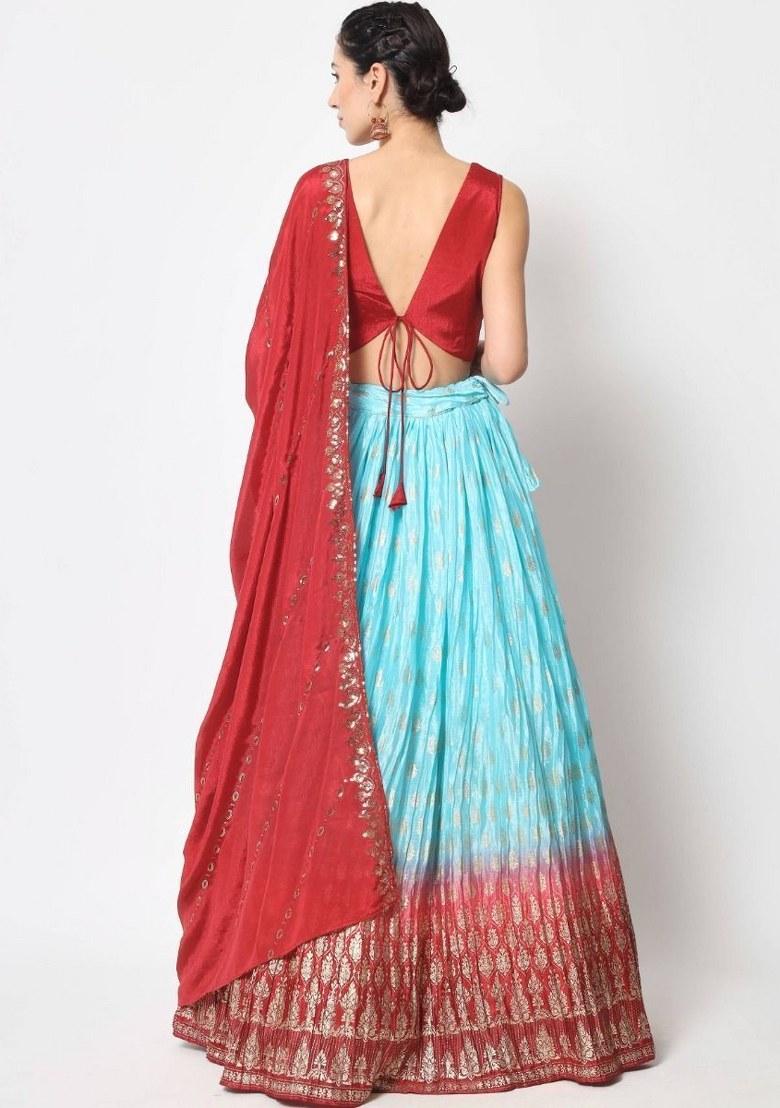 Sky Blue Embroidered Silk Lehenga Set With Dupatta