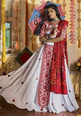White Embroidered Cotton Lehenga Set With Dupatta