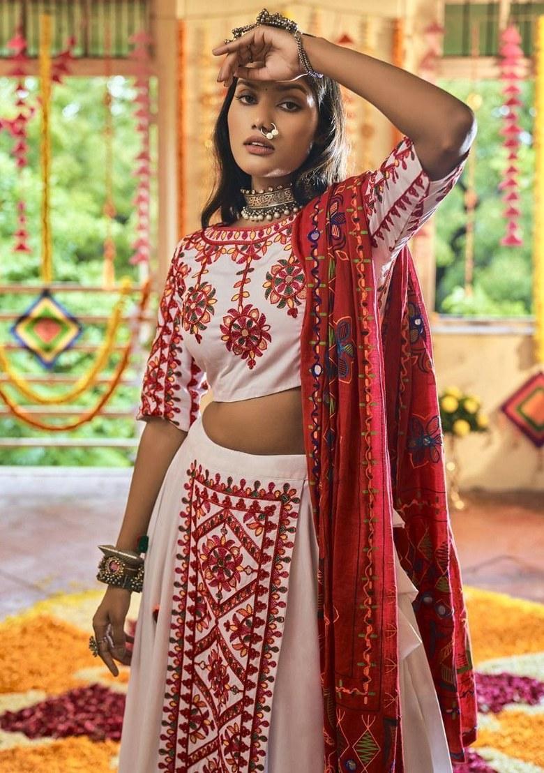 White Embroidered Cotton Lehenga Set With Dupatta