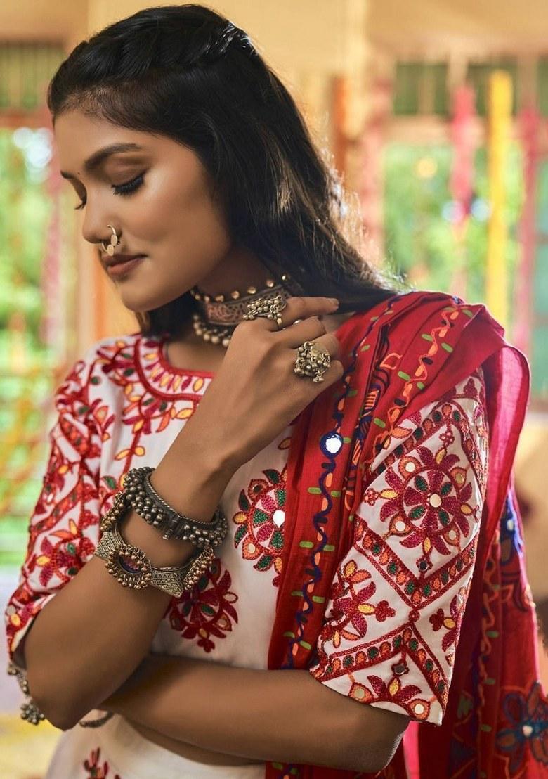 White Embroidered Cotton Lehenga Set With Dupatta