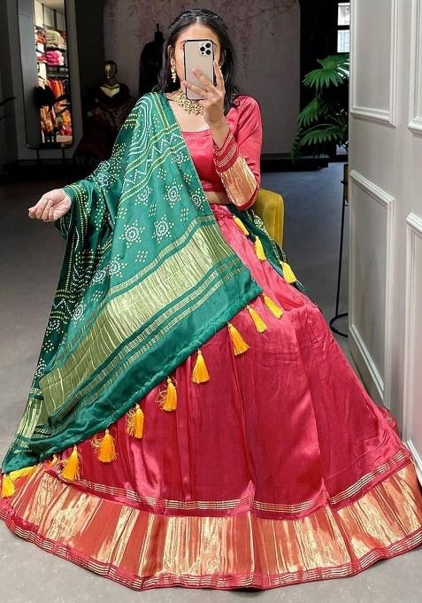 Red Printed Silk Lehenga Set With Dupatta — view on Indya