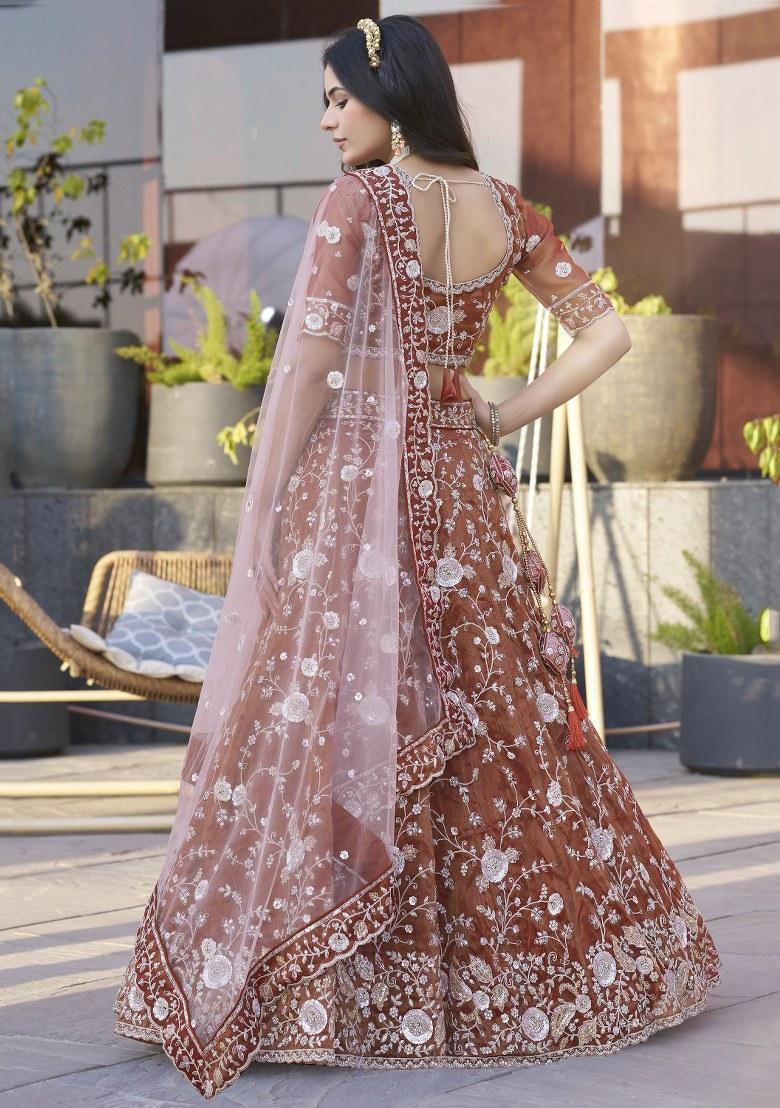 Orange Embroidered Silk Lehenga Set With Dupatta