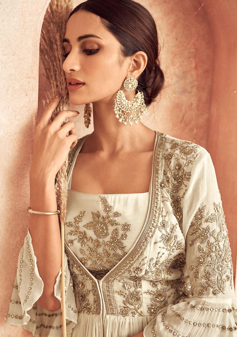 Off White Embroidered Chinon Lehenga Set