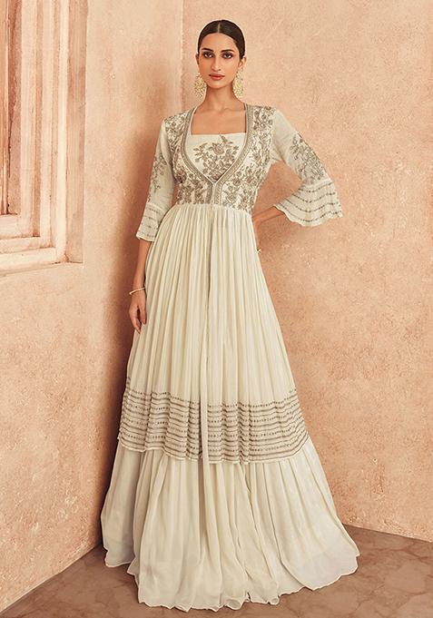 Off White Embroidered Chinon Lehenga Set