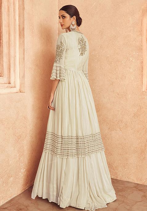 Off White Embroidered Chinon Lehenga Set