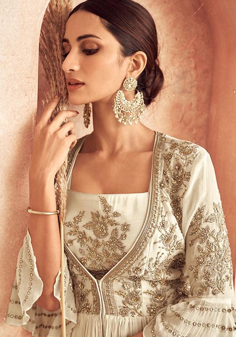 Off White Embroidered Chinon Lehenga Set