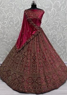 Pink Embroidered Velvet Lehenga Set With Dupatta