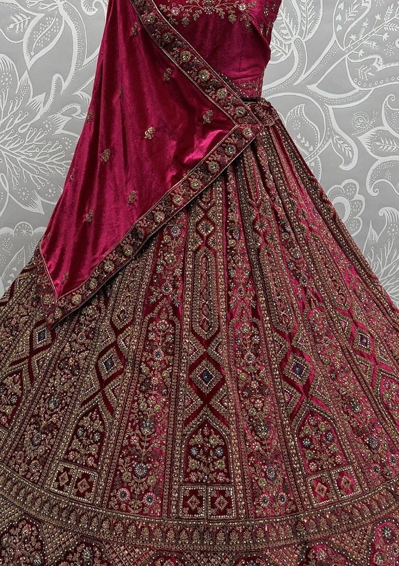 Pink Embroidered Velvet Lehenga Set With Dupatta