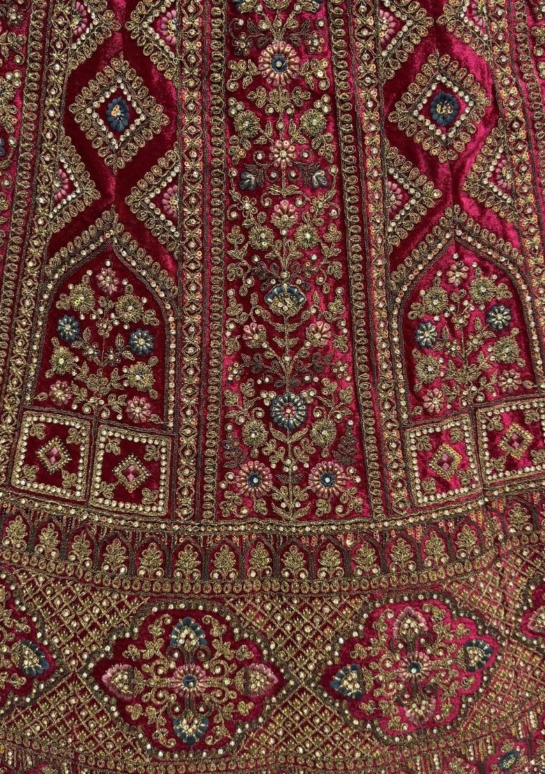 Pink Embroidered Velvet Lehenga Set With Dupatta