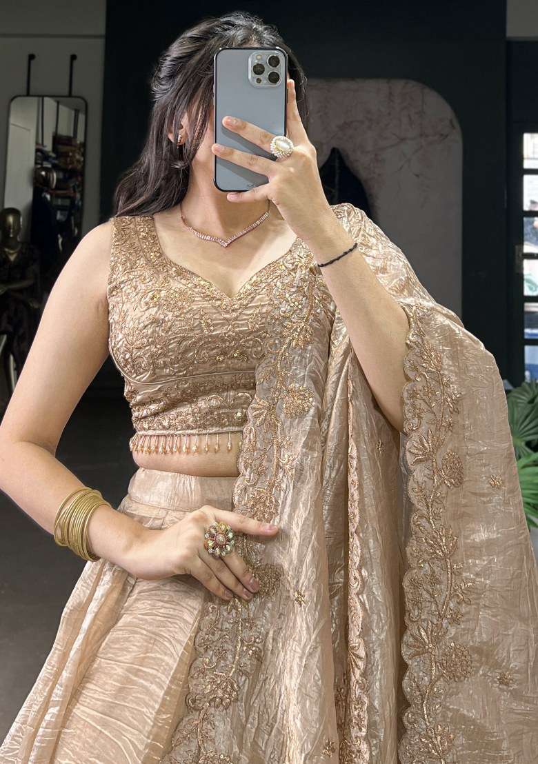 Golden Embroidered Organza Lehenga Set With Dupatta for Diwali and Festive Wear - Indya