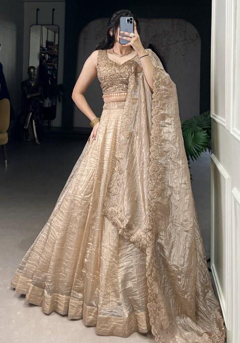 Golden Embroidered Organza Lehenga Set With Dupatta — view on Indya