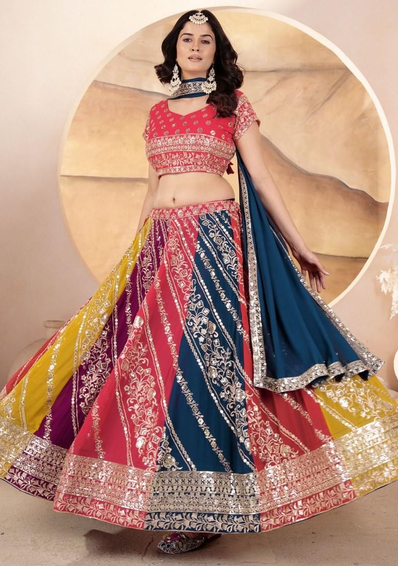 Multicolor Embroidered Georgette Lehenga Set With Dupatta