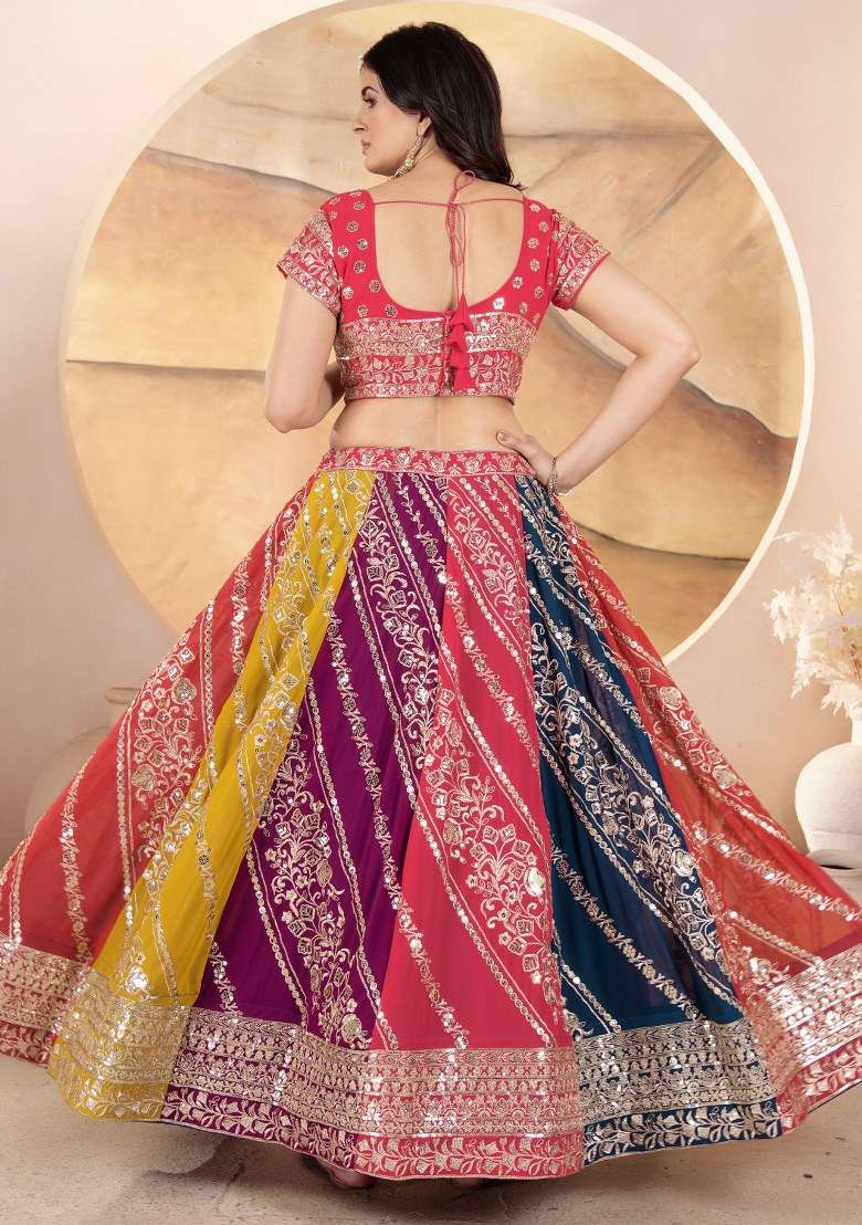 Multicolor With Dupatta Georgette Lehenga Set with Embroidered for Diwali | Wedding & Festive Wear - Indya
