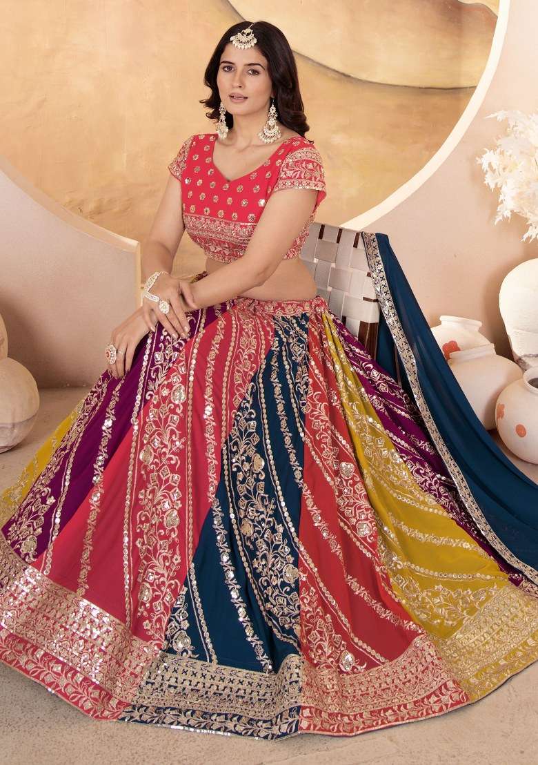 Multicolor With Dupatta Georgette Lehenga Set with Embroidered for Diwali | Wedding & Festive Wear - Indya