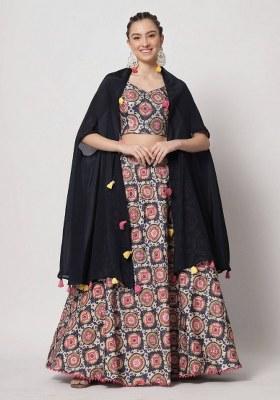 Navy Blue Embroidered Silk Lehenga Set With Dupatta