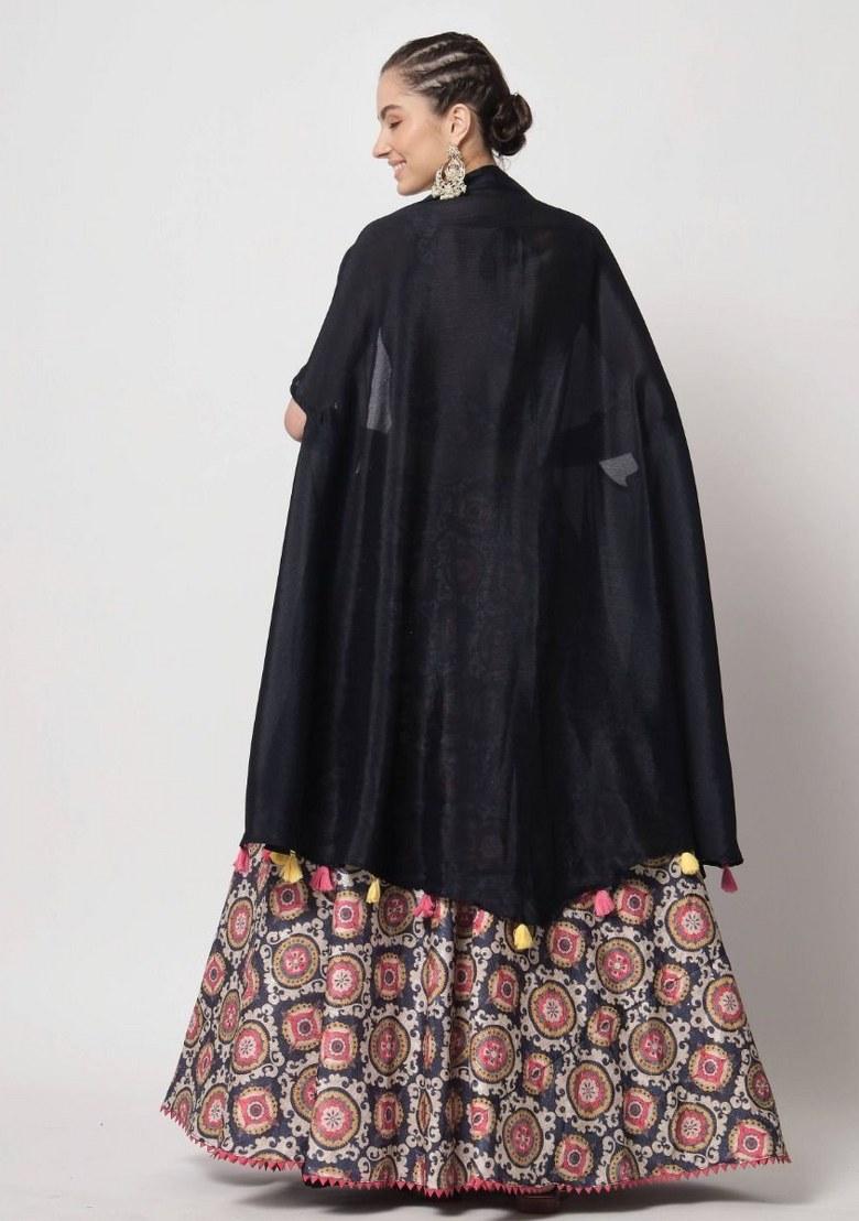 Navy Blue Embroidered Silk Lehenga Set With Dupatta