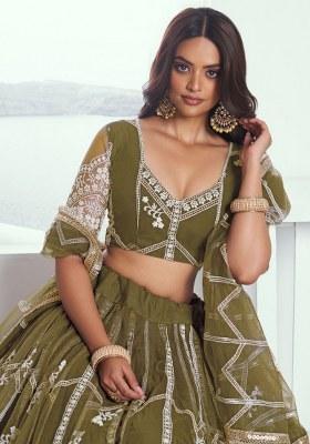 Green Embroidered Net Lehenga Set With Dupatta