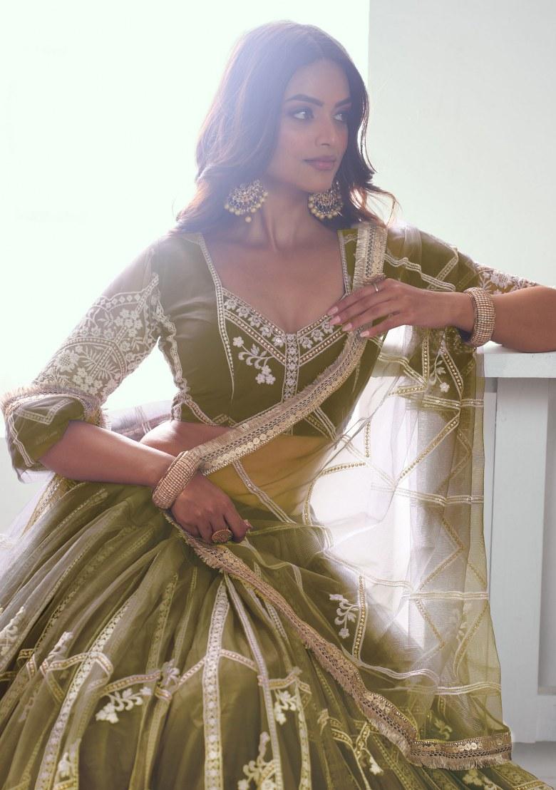 Green Embroidered Net Lehenga Set With Dupatta