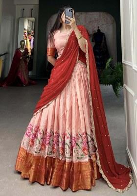 Peach Embroidered Cotton Lehenga Set With Dupatta