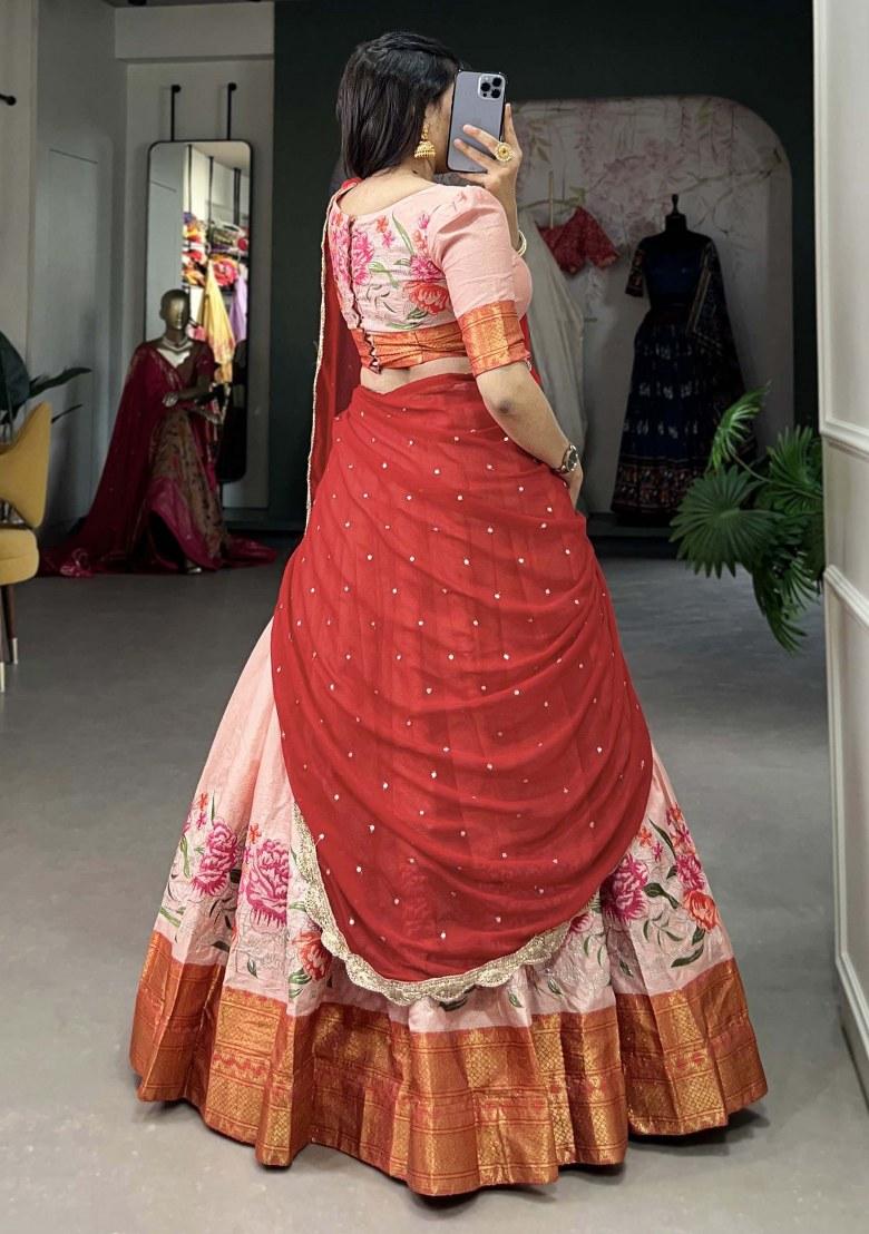 Peach Embroidered Cotton Lehenga Set With Dupatta