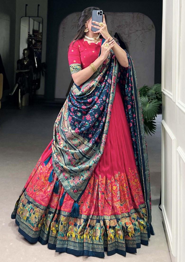 Pink Printed Silk Lehenga Set With Dupatta