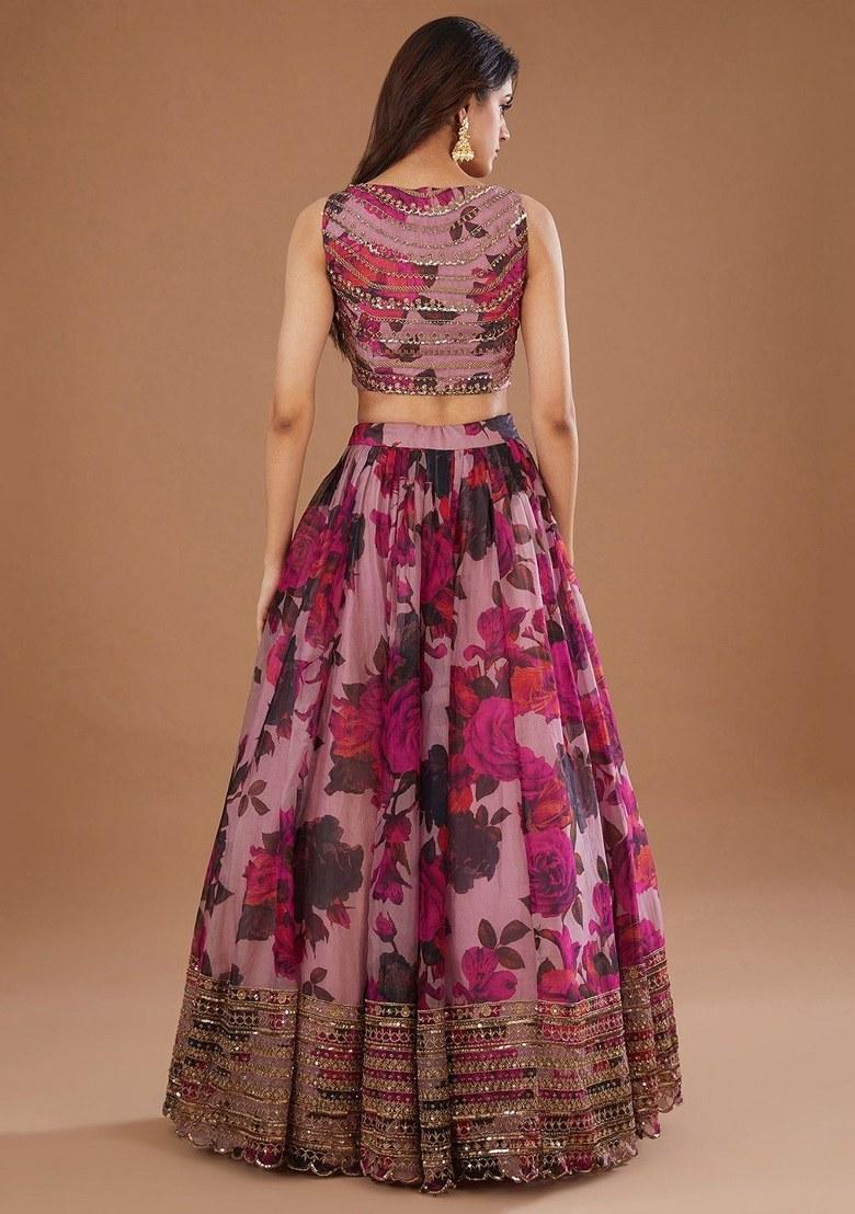 Pink Printed Organza Lehenga Set With Dupatta