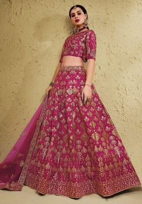 Pink Embroidered Silk Lehenga Set With Dupatta