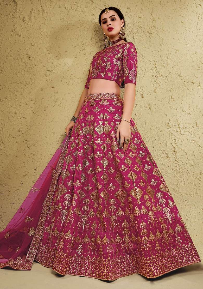 Pink Embroidered Silk Blend Lehenga Set With Dupatta for Diwali and Festive Wear - Indya