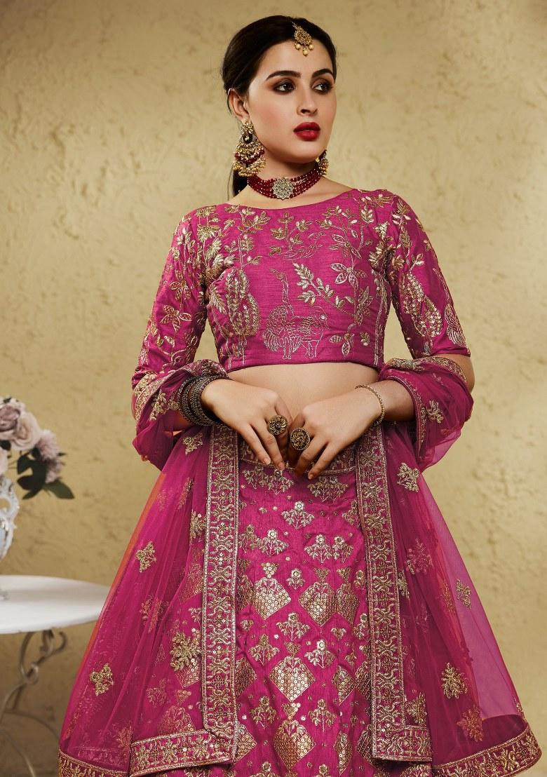 Pink Embroidered Silk Lehenga Set With Dupatta