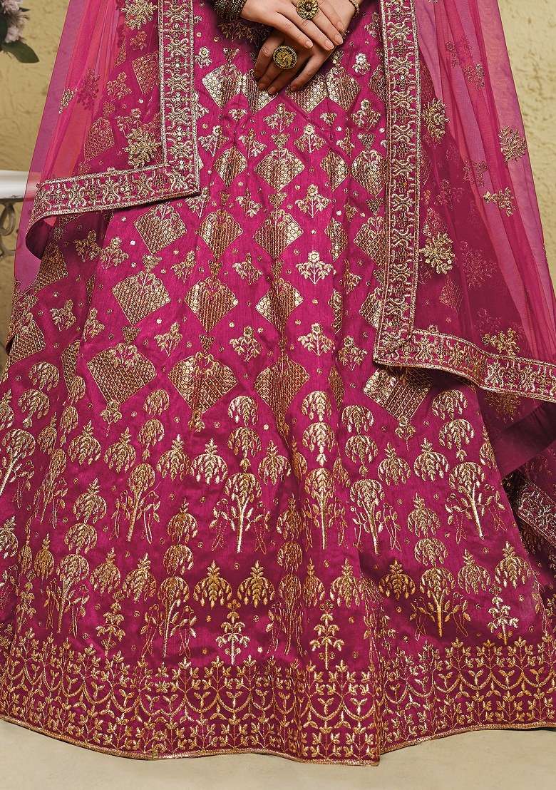 Pink Embroidered Silk Blend Lehenga Set With Dupatta for Diwali and Festive Wear - Indya