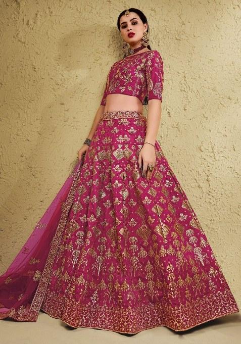 Pink Embroidered Silk Lehenga Set With Dupatta