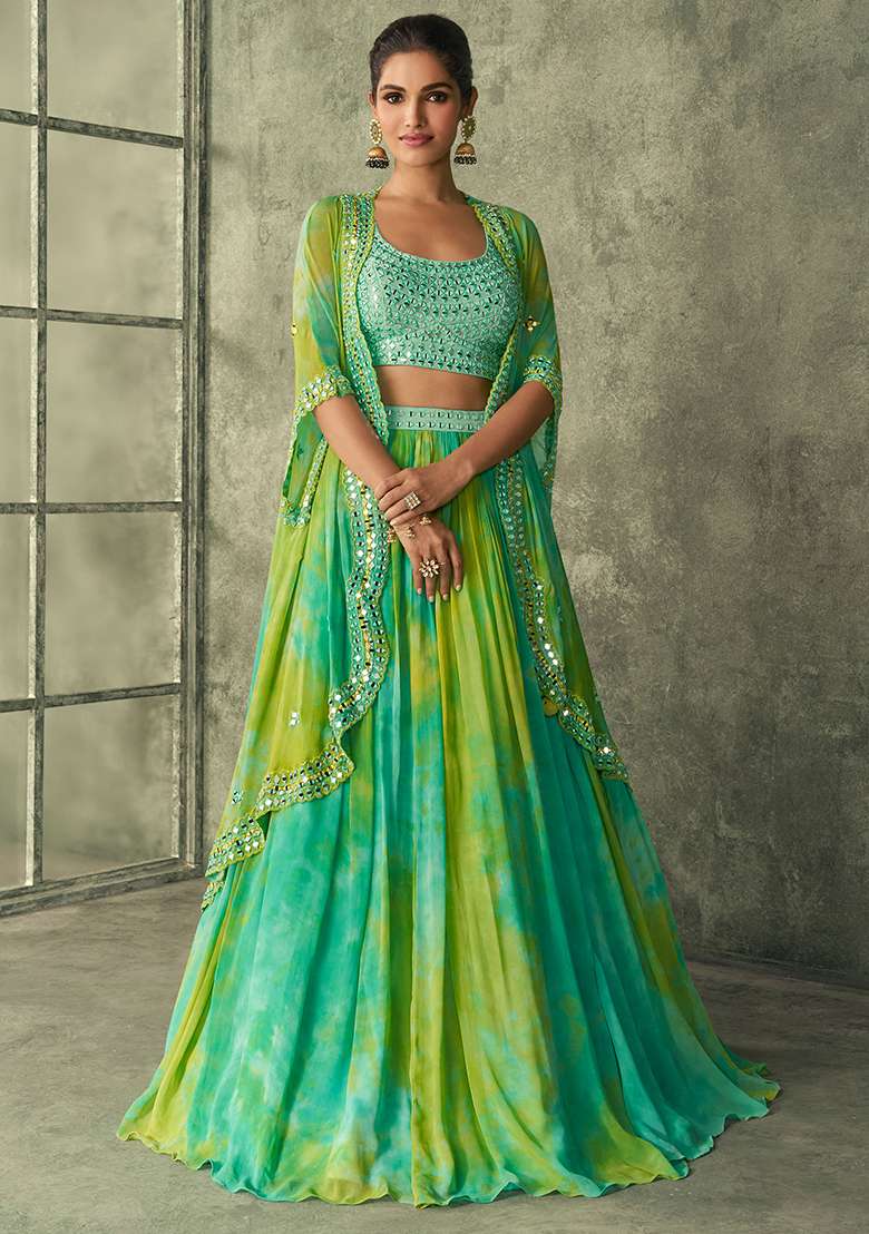 Green Embroidered Art Silk Blend Lehenga Set for Diwali and Festive Wear - Indya