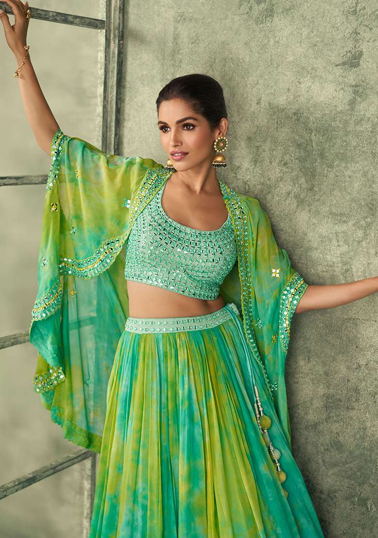 Green Embroidered Art Silk Blend Lehenga Set for Diwali and Festive Wear - Indya