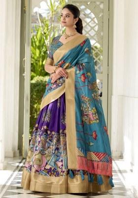 Purple Printed Silk Lehenga Set With Dupatta