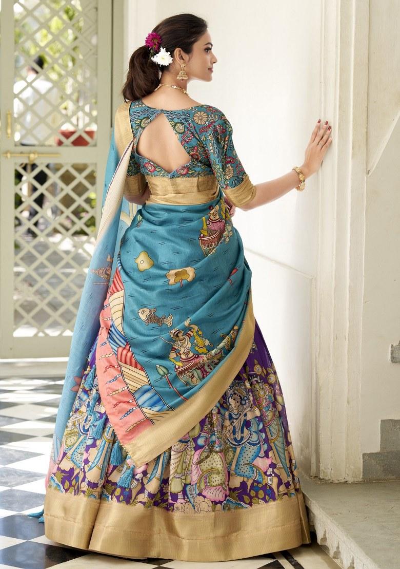 Purple Printed Silk Lehenga Set With Dupatta