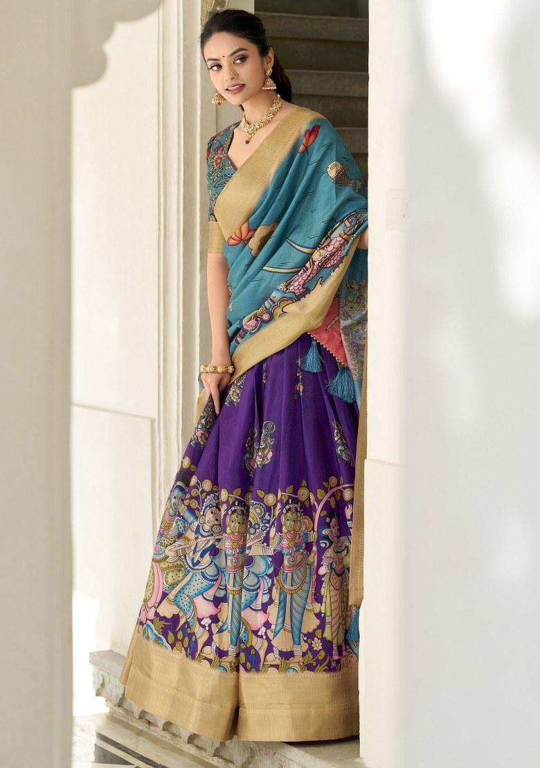 Purple Printed Silk Lehenga Set With Dupatta