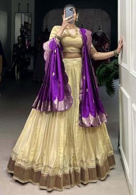 Cream Embroidered Silk Lehenga Set With Dupatta