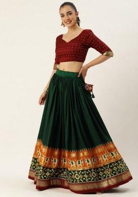 Green Printed Silk Lehenga Set With Dupatta