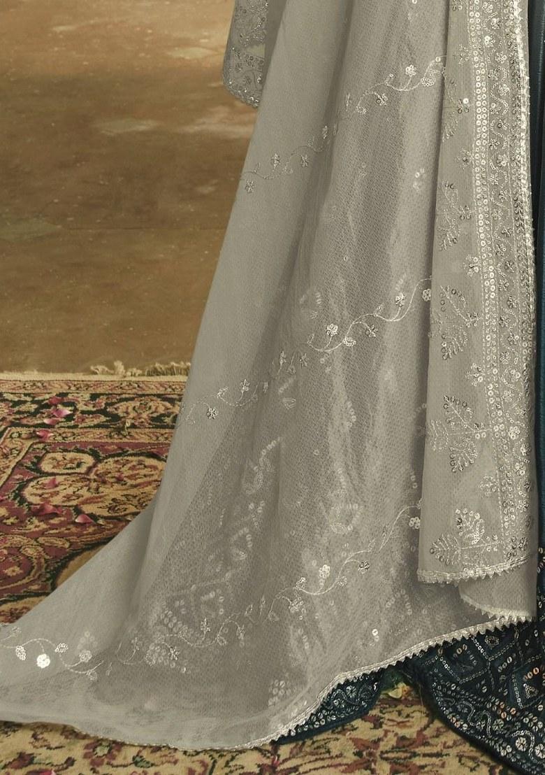 Grey Embroidered Silk Lehenga Set With Dupatta