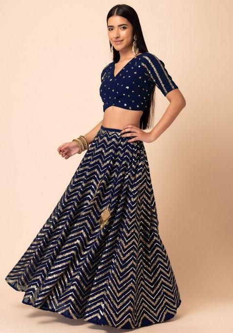 Navy Blue Embroidered Georgette Lehenga Set With Dupatta