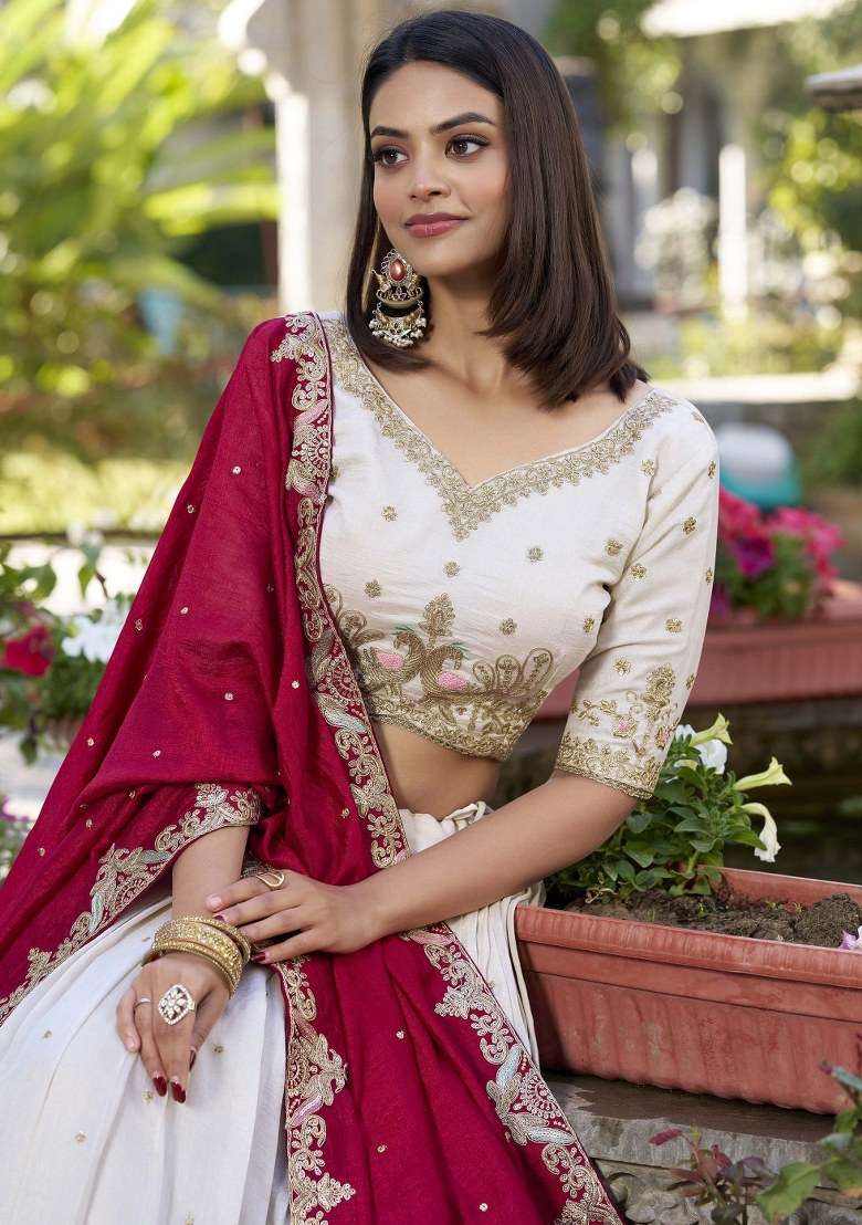 Off White With Dupatta Silk Blend Lehenga Set with Embroidered for Diwali | Wedding & Festive Wear - Indya