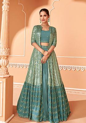 Green Embroidered Georgette Lehenga Set