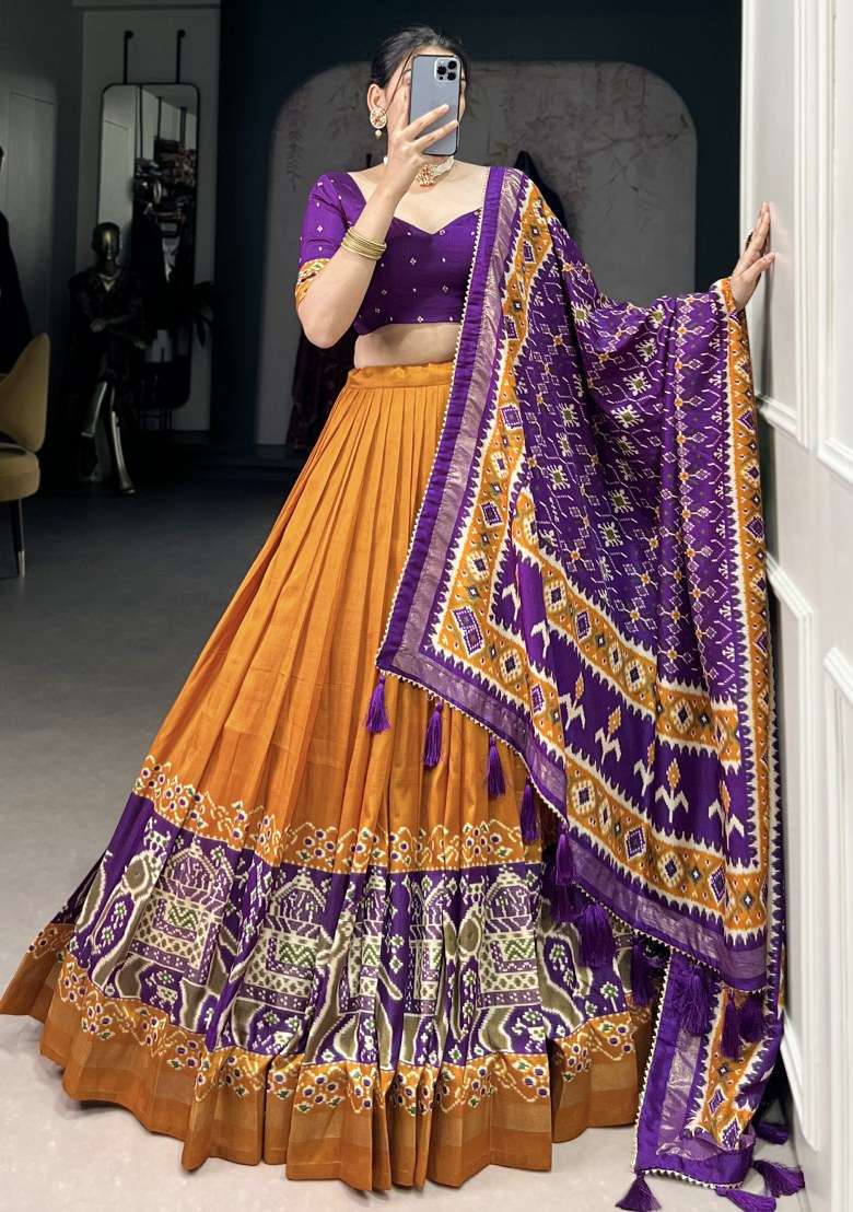 Orange Printed Silk Blend Chaniya Choli Set For Navratri And Garba for Diwali and Festive Wear - Indya