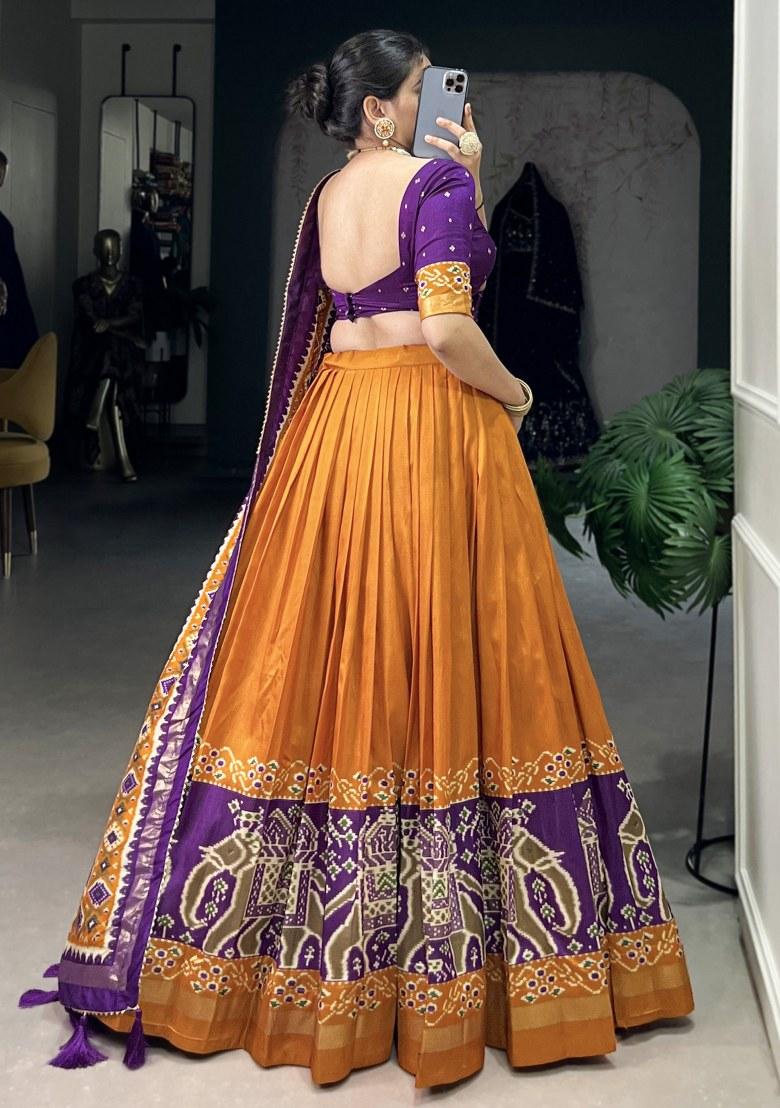Orange Printed Silk Lehenga Set With Dupatta
