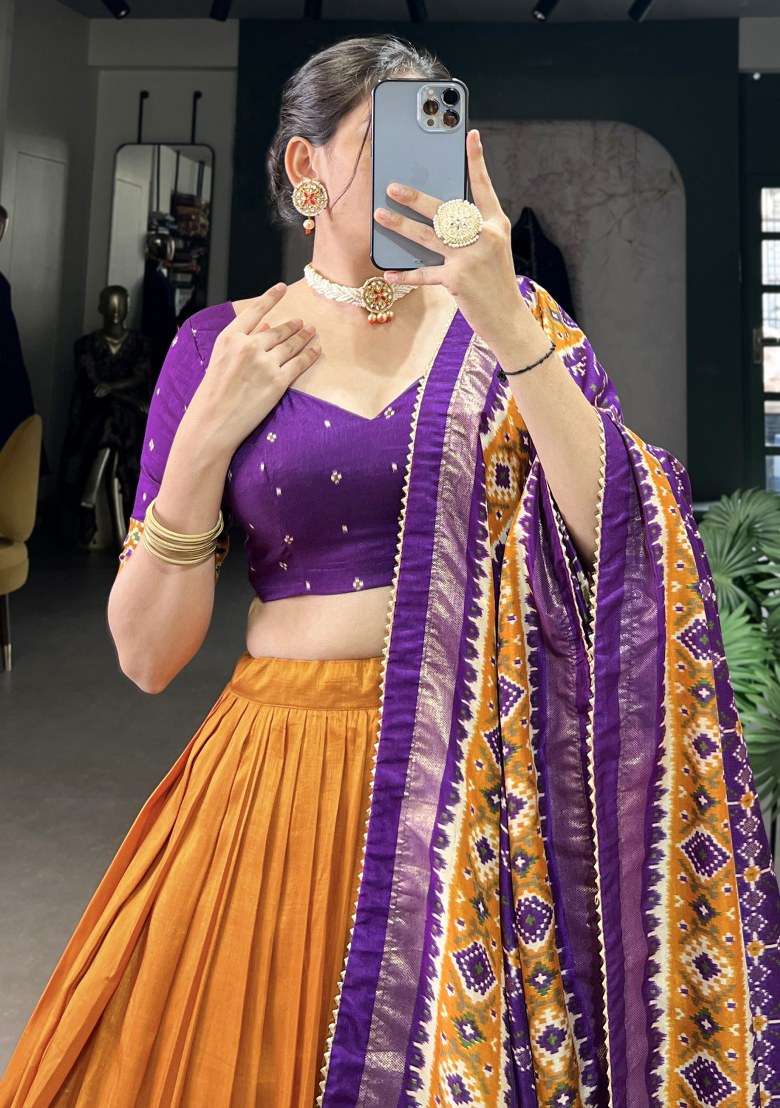 Orange Printed Silk Blend Chaniya Choli Set For Navratri And Garba for Diwali and Festive Wear - Indya